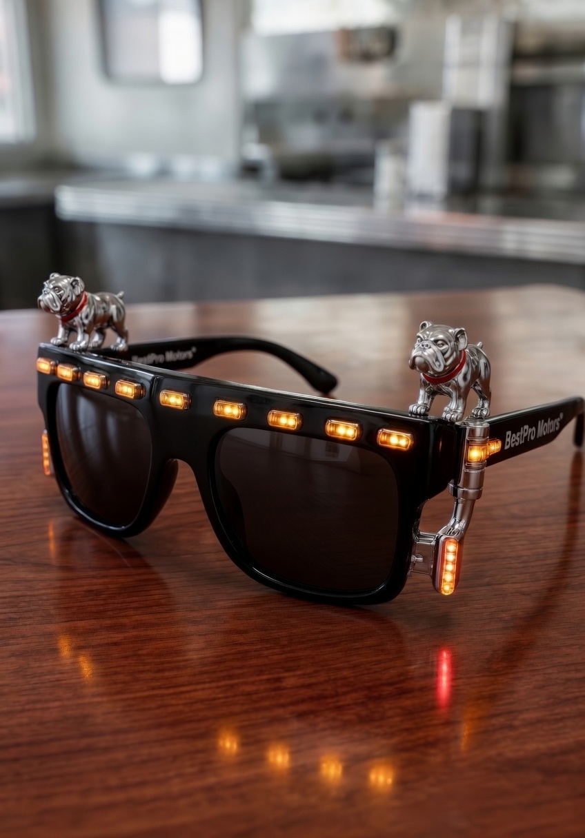 Bulldog Hauler style — gloss black frame with twin chrome bulldog mascots and amber marker accents