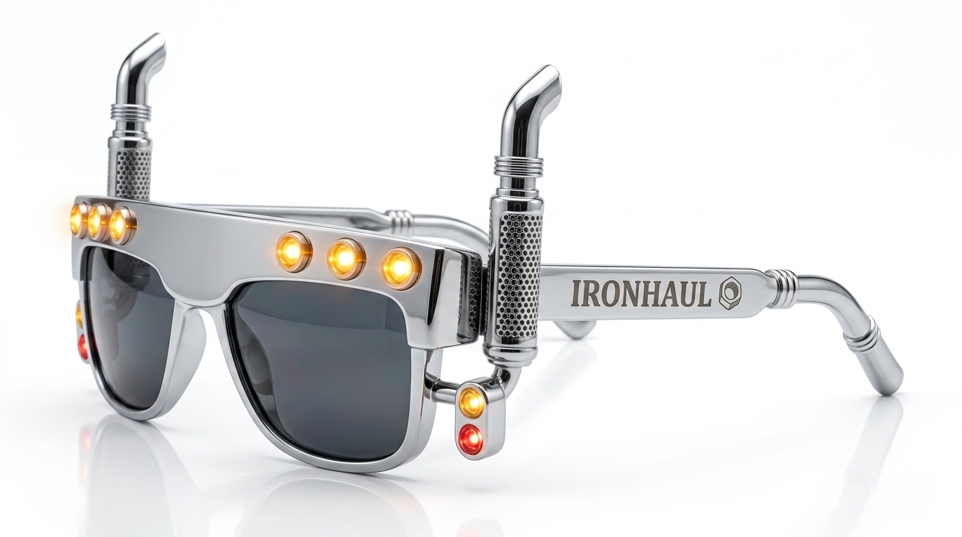 Iron Hauler style — chrome frame with curved exhaust stack accents and amber LEDs